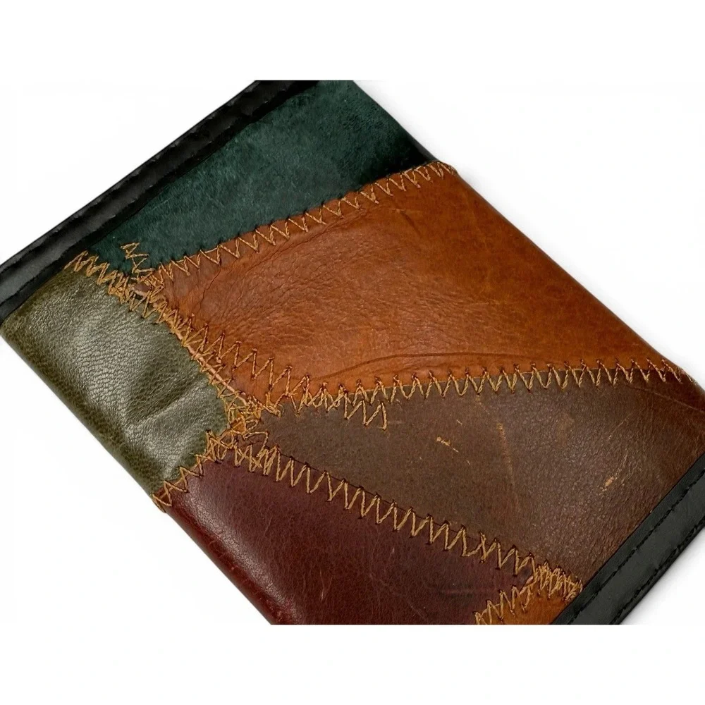 NWOT Vintage Leather Stitched Patchwork Wallet Rare Hook‎ And Loop Made In Korea